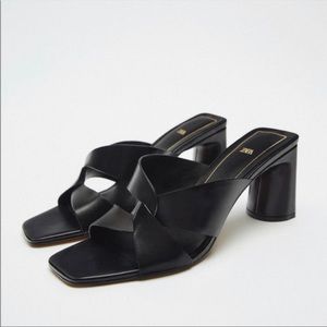 Zara heeled leather sandals with woven straps. Lined block heel.